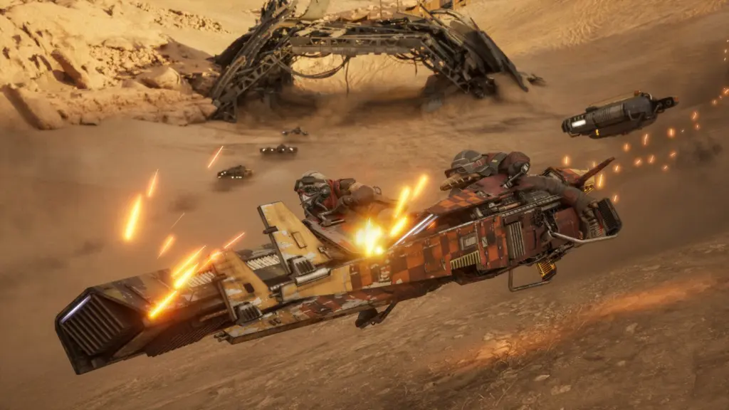 مركبة سباق تتطاير منها الشرارات في مضمار صحراوي بلعبة Star Wars: Galactic Racer