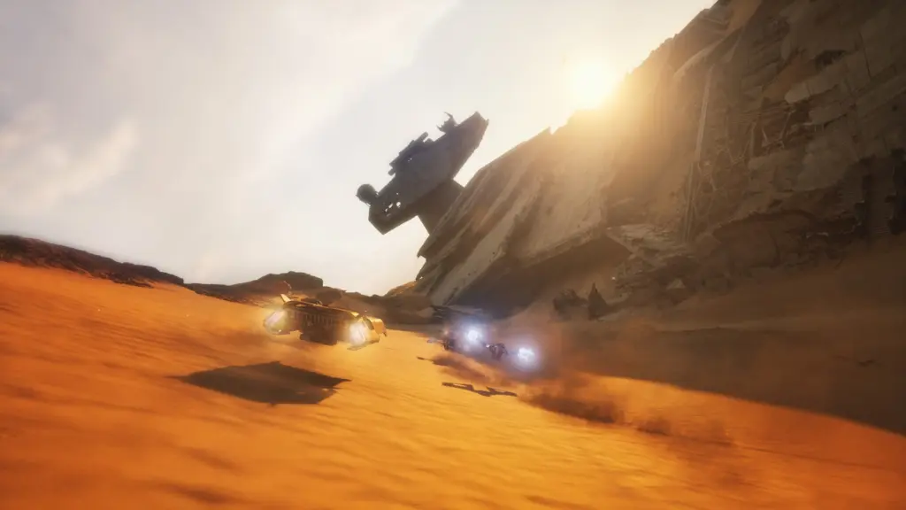 مركبة سباق في صحراء جاكو وحطام مدمّرة نجمية في الخلفية في Star Wars: Galactic Racer
