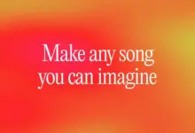 خلفية برتقالية متدرجة عليها شعار Suno وعبارة Make any song you can imagine