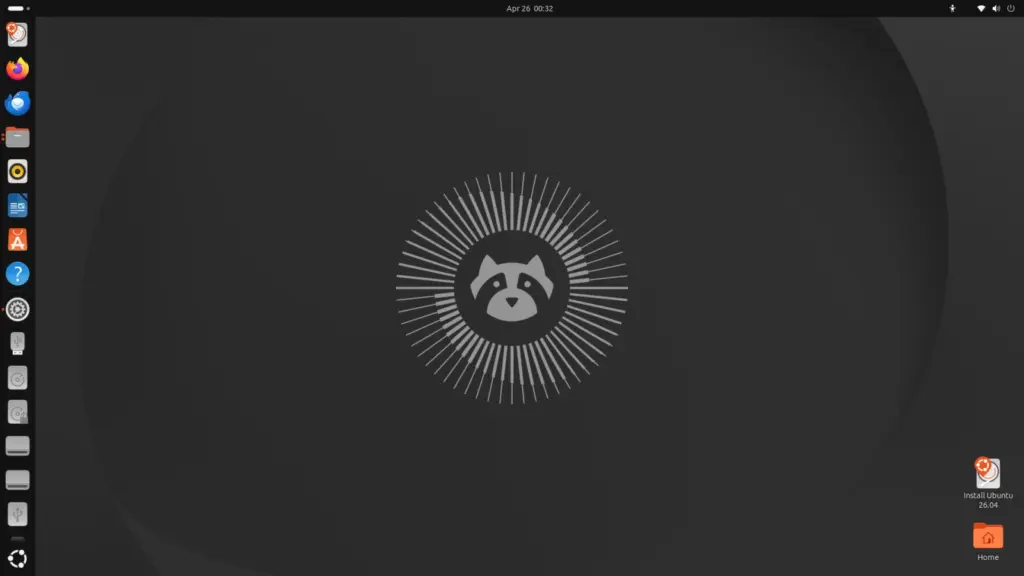 سطح مكتب Ubuntu بالنمط الداكن مع شريط التطبيقات الجانبي