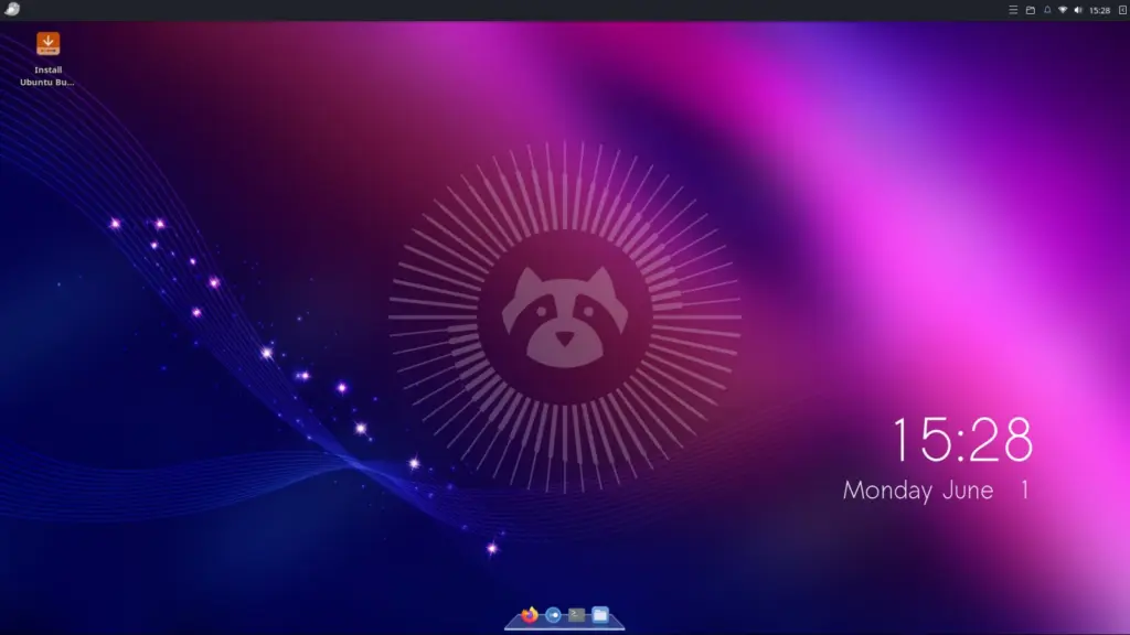 سطح مكتب Ubuntu Budgie بخلفية بنفسجية