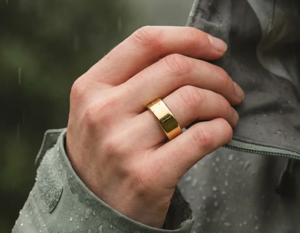 يد تحمل قماش سترة مبللة وفي إصبعها خاتم Ultrahuman Ring Pro