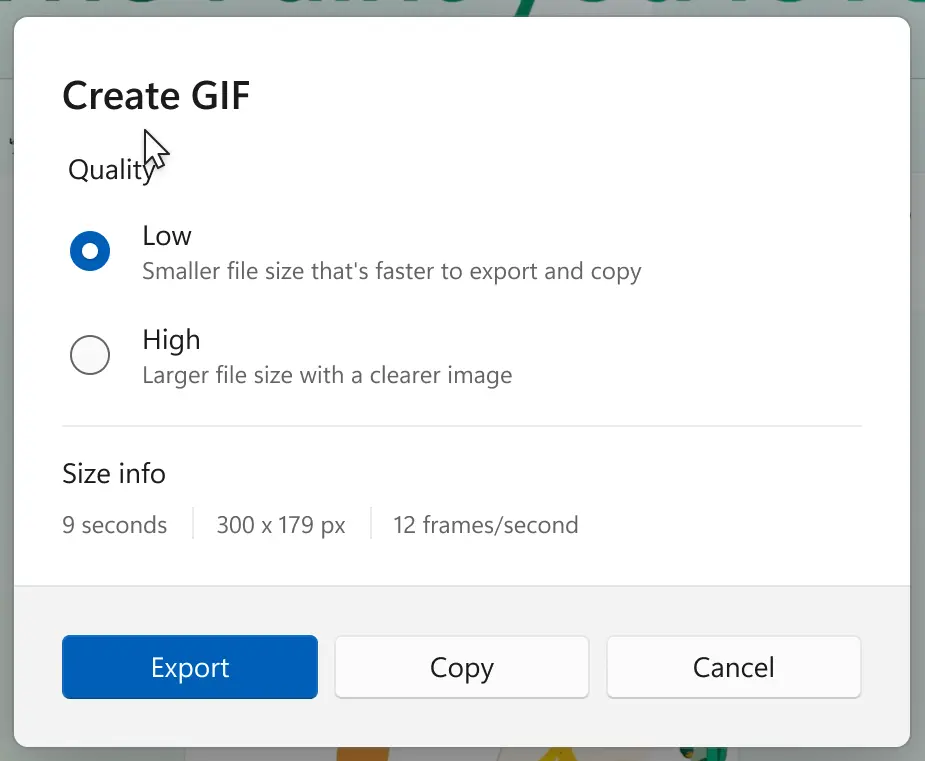 نافذة Create GIF في أداة القصاصة مع خياري الجودة Low وHigh