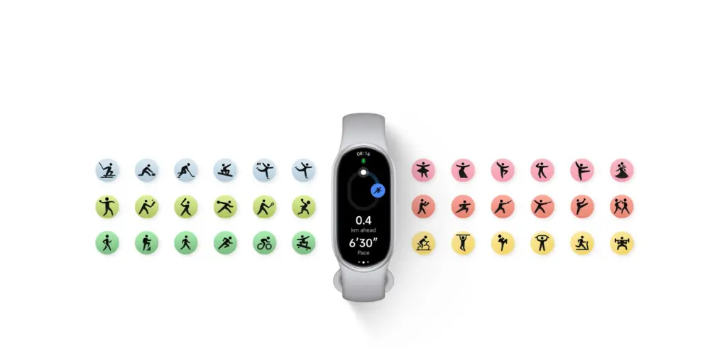 سوار Xiaomi Smart Band 11 محاطًا بأيقونات الأوضاع الرياضية